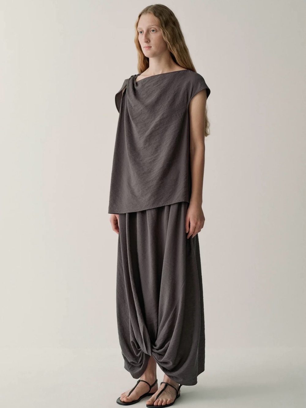 INSIS FEMME Plum Brown  Knot-Shoulder Draped Blouse - Picture 3 of 14